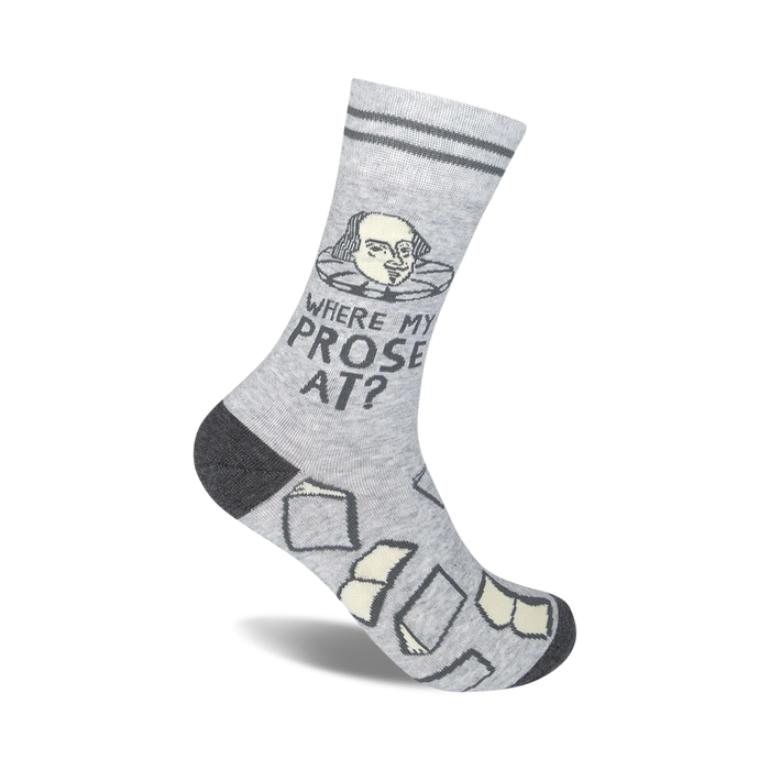 gray shakespeare-inspired novelty socks with black toe and heel. 