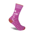 Pink Flamingo crew socks. Purple socks with a pink flamingo design, ocean waves, and a sun graphic. Coral-colored heel and toe.