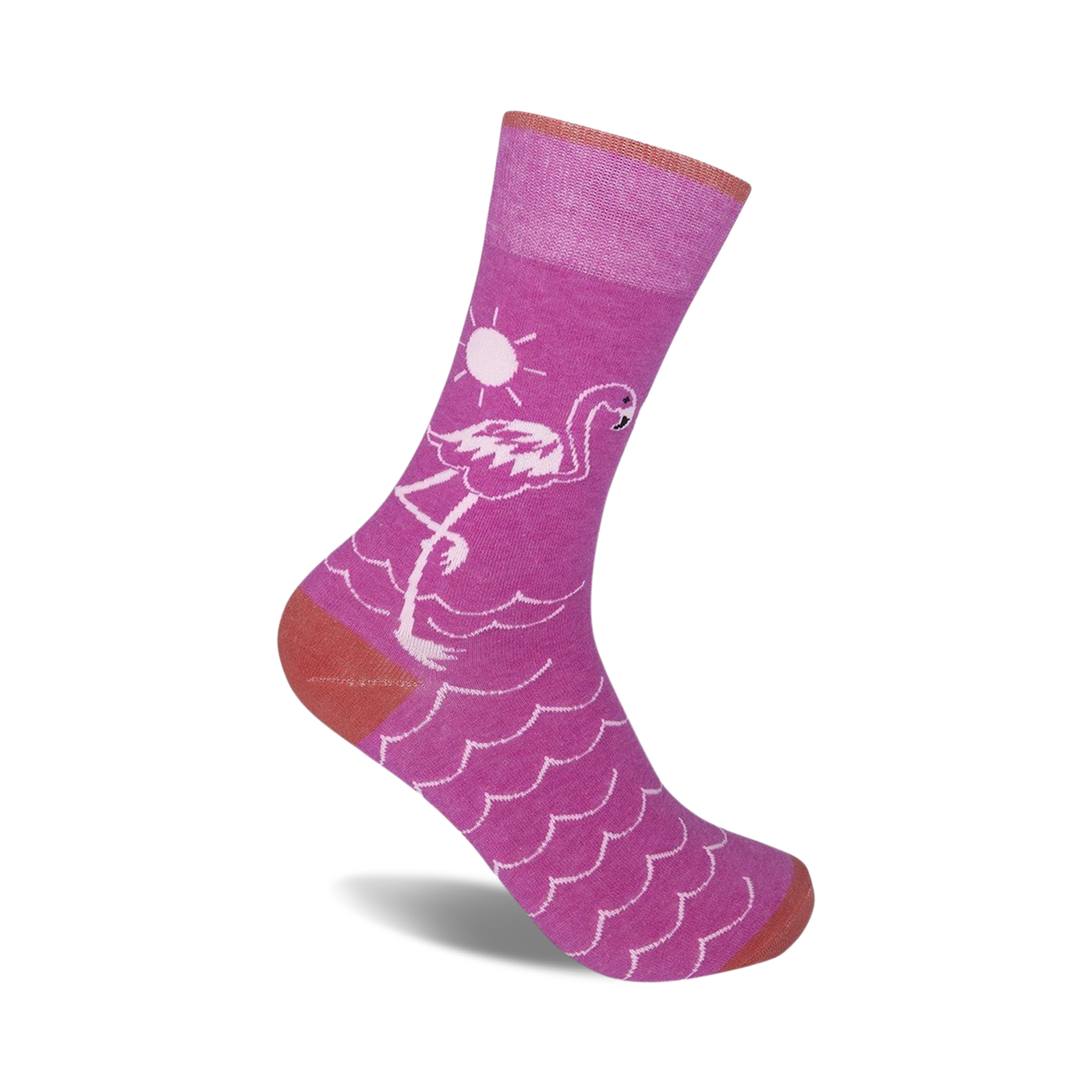 Pink Flamingo crew socks. Purple socks with a pink flamingo design, ocean waves, and a sun graphic. Coral-colored heel and toe.