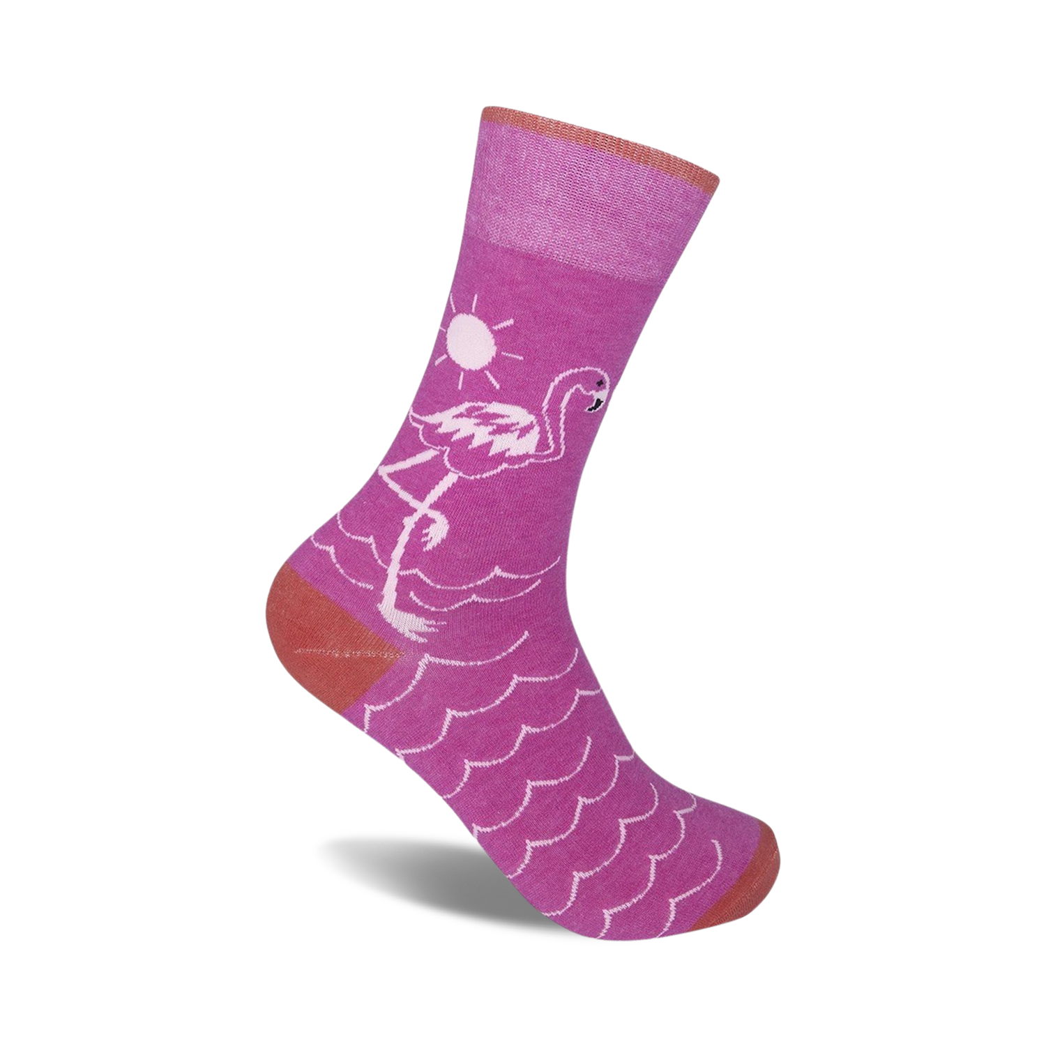 Pink Flamingo crew socks. Purple socks with a pink flamingo design, ocean waves, and a sun graphic. Coral-colored heel and toe.
