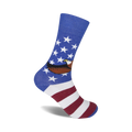 Crew socks in blue, white, and red, showcasing an American flag design with a bald eagle. 