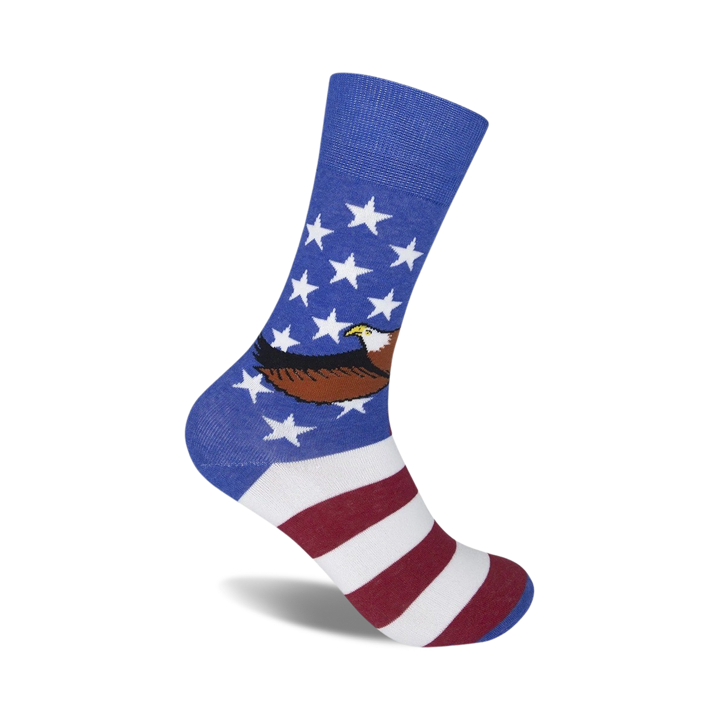 Crew socks in blue, white, and red, showcasing an American flag design with a bald eagle. 