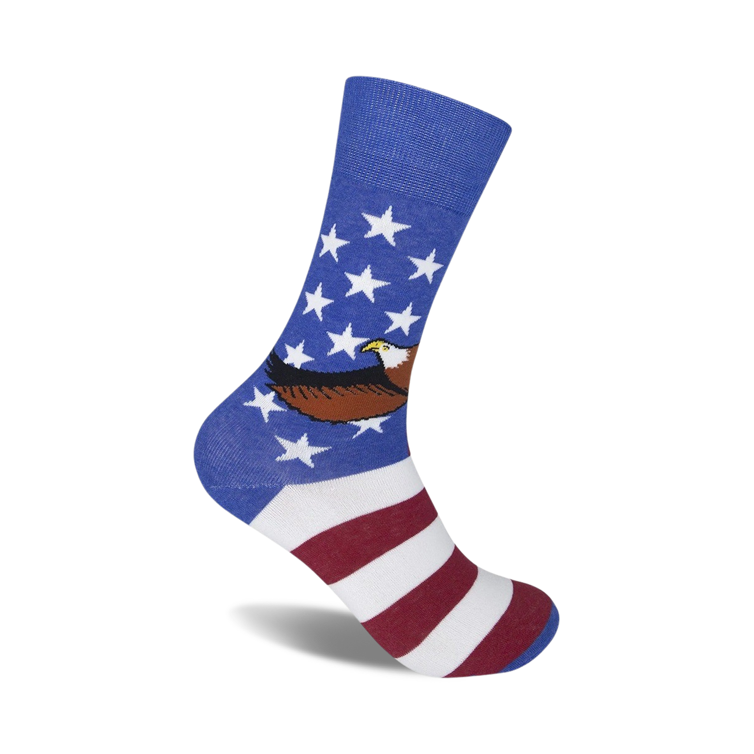 Crew socks in blue, white, and red, showcasing an American flag design with a bald eagle. 