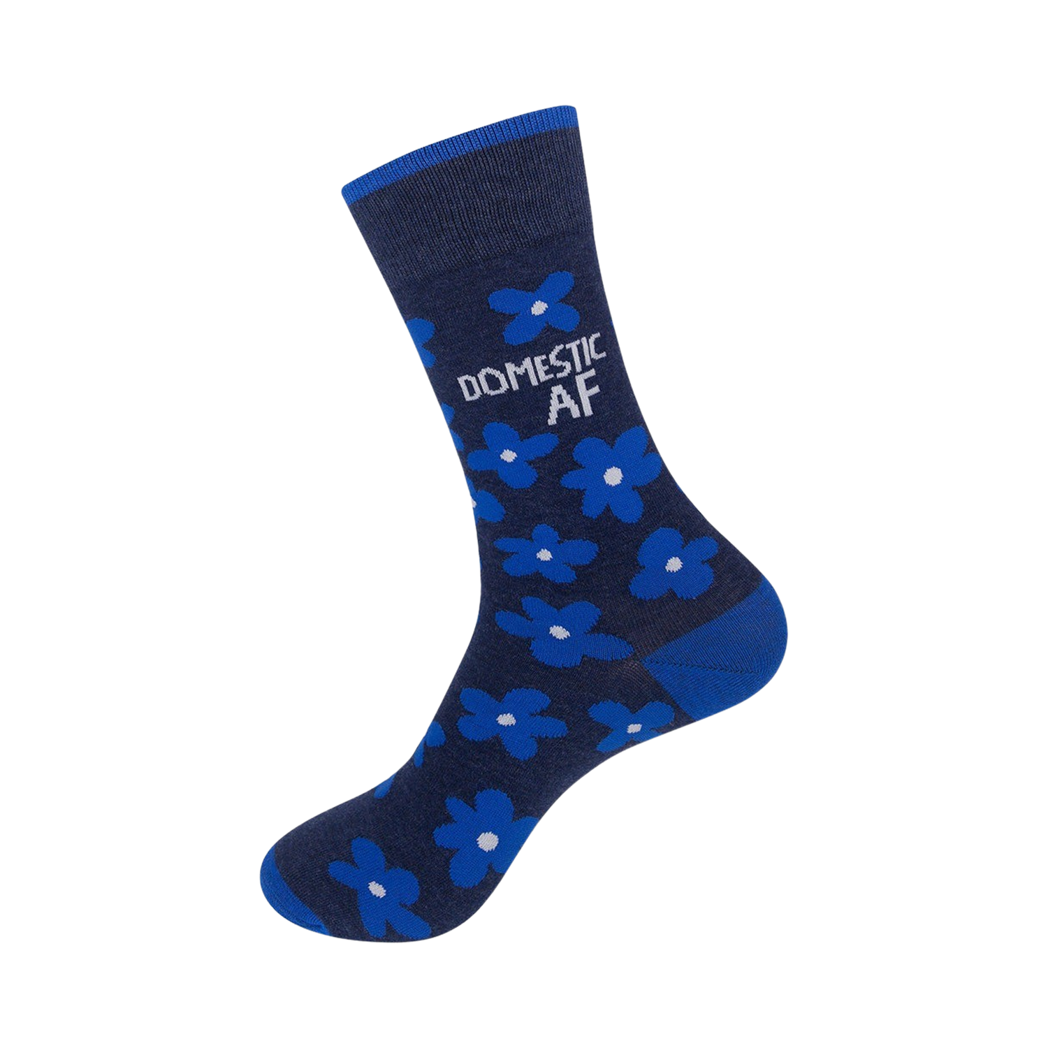 Close-up view of a navy blue crew sock showcasing the bright blue flower pattern and 'DOMESTIC AF' text.