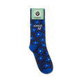 A flatlay studio shot of a single sock on a white background showing the sock's packaging.