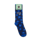 A flatlay studio shot of a single sock on a white background showing the sock's packaging.