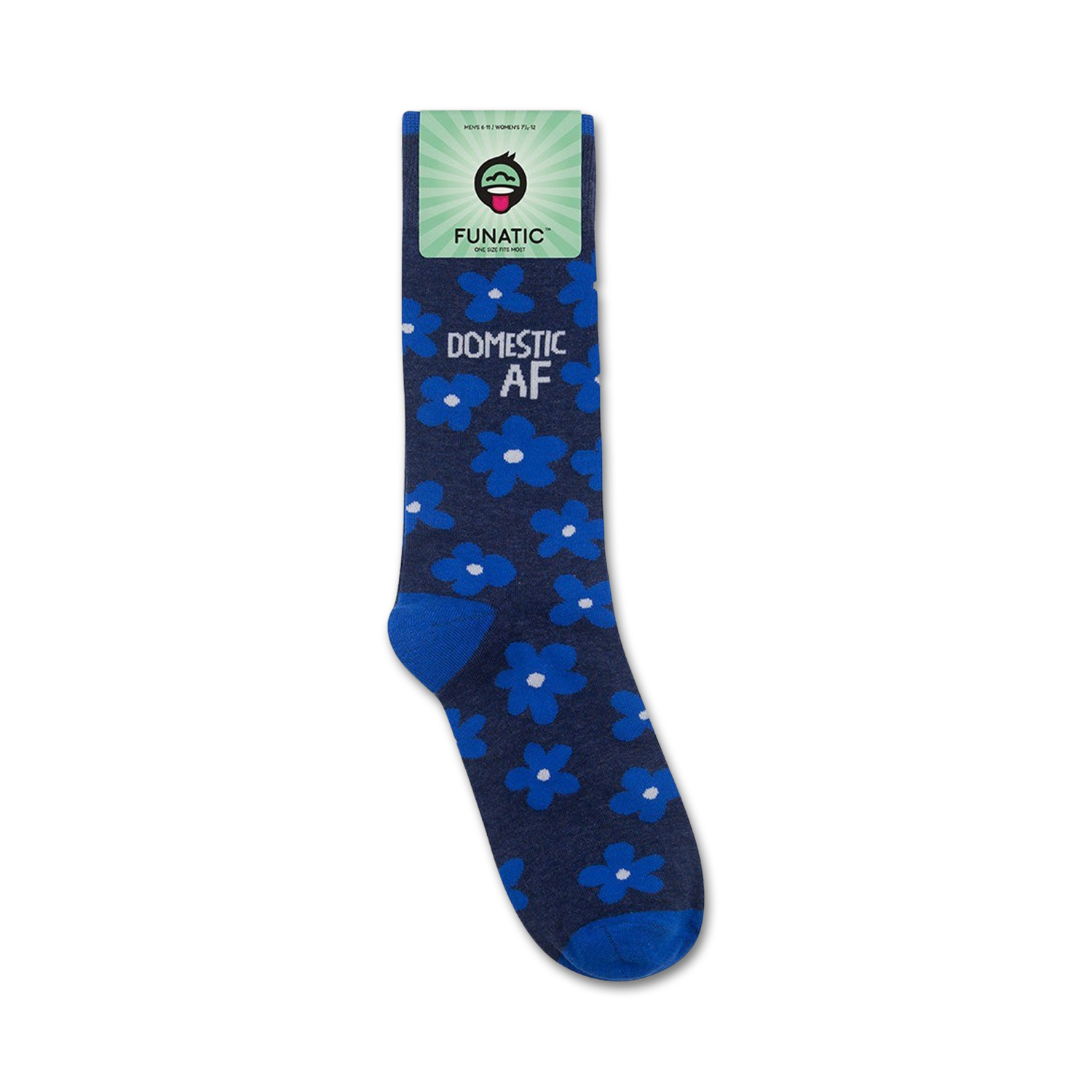 A flatlay studio shot of a single sock on a white background showing the sock's packaging.