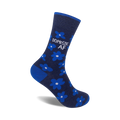 A single navy blue crew sock with bright blue flowers and the text 'DOMESTIC AF' in white. 