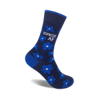 A single navy blue crew sock with bright blue flowers and the text 'DOMESTIC AF' in white. 