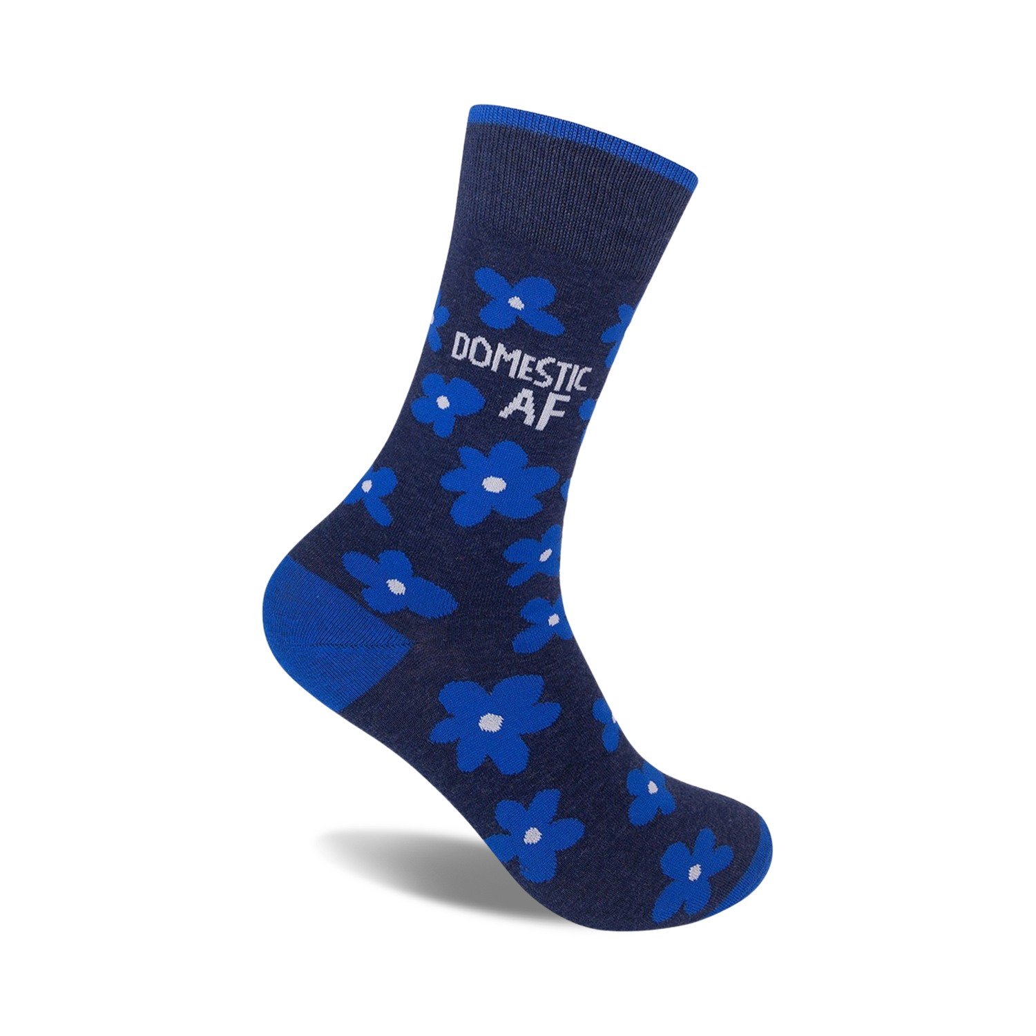 A single navy blue crew sock with bright blue flowers and the text 'DOMESTIC AF' in white. 