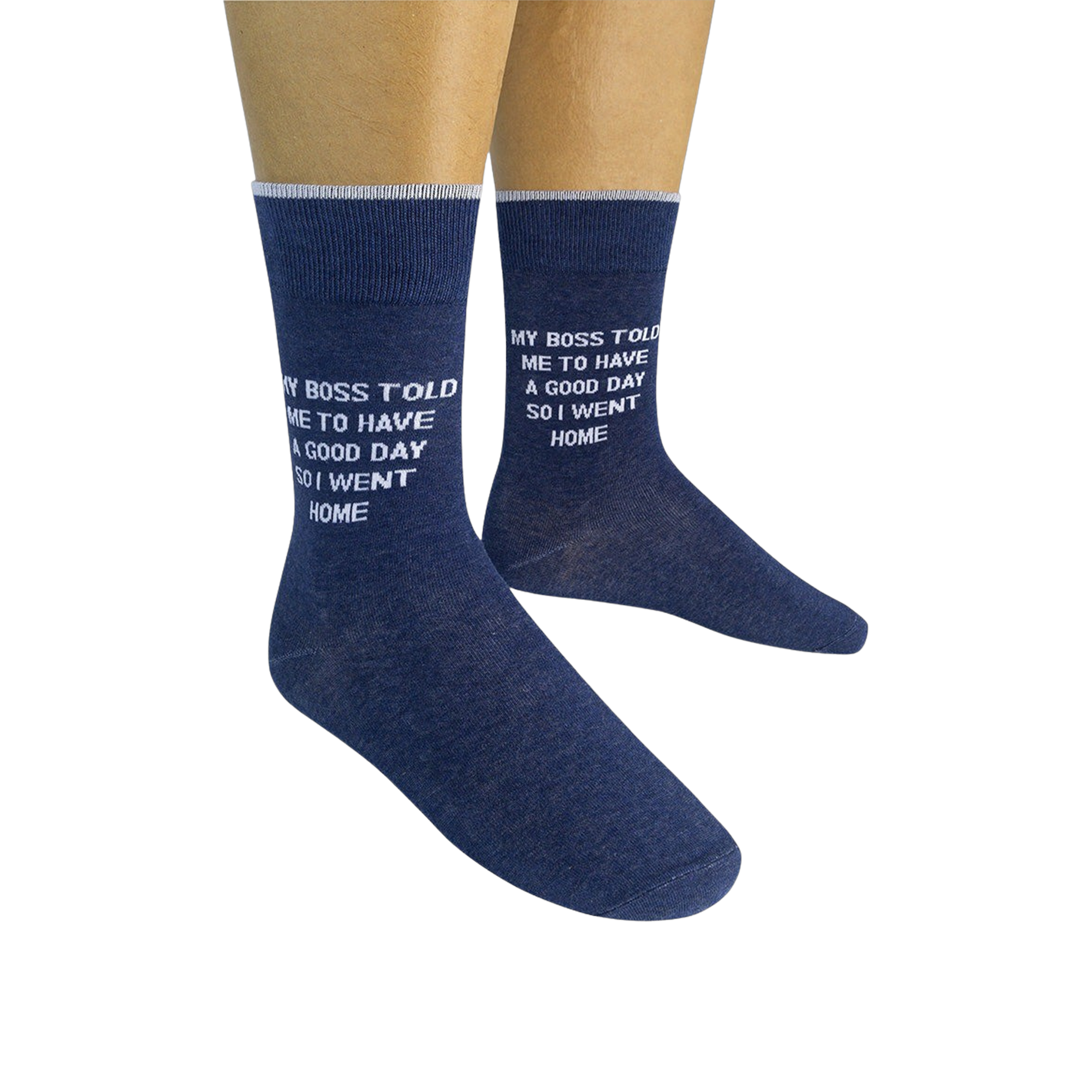 Lifestyle shot: Two pairs of navy blue socks with the witty message are modeled on feet.