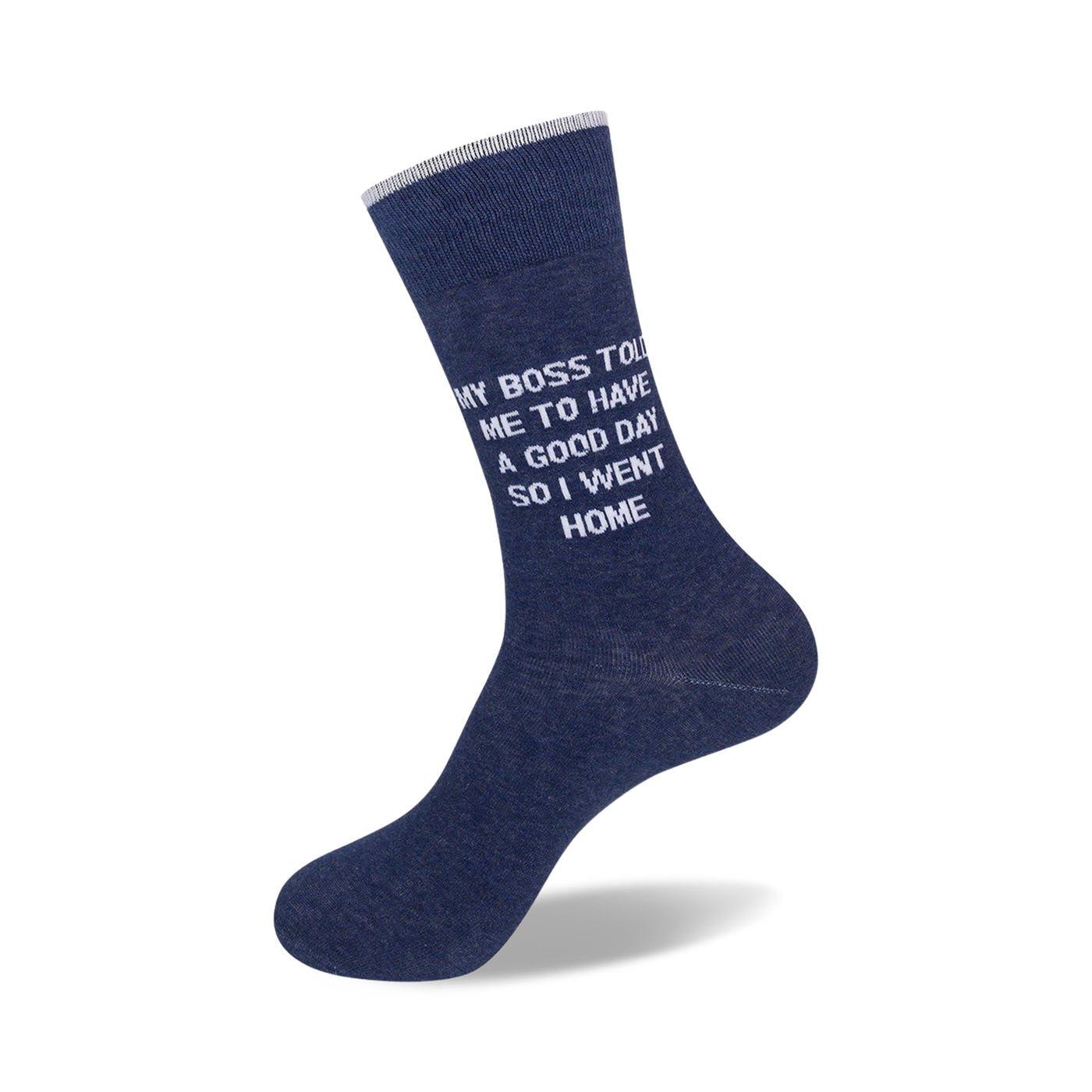 Close-up view of a single navy blue sock with the message printed on it.