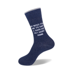 Close-up view of a single navy blue sock with the message printed on it.