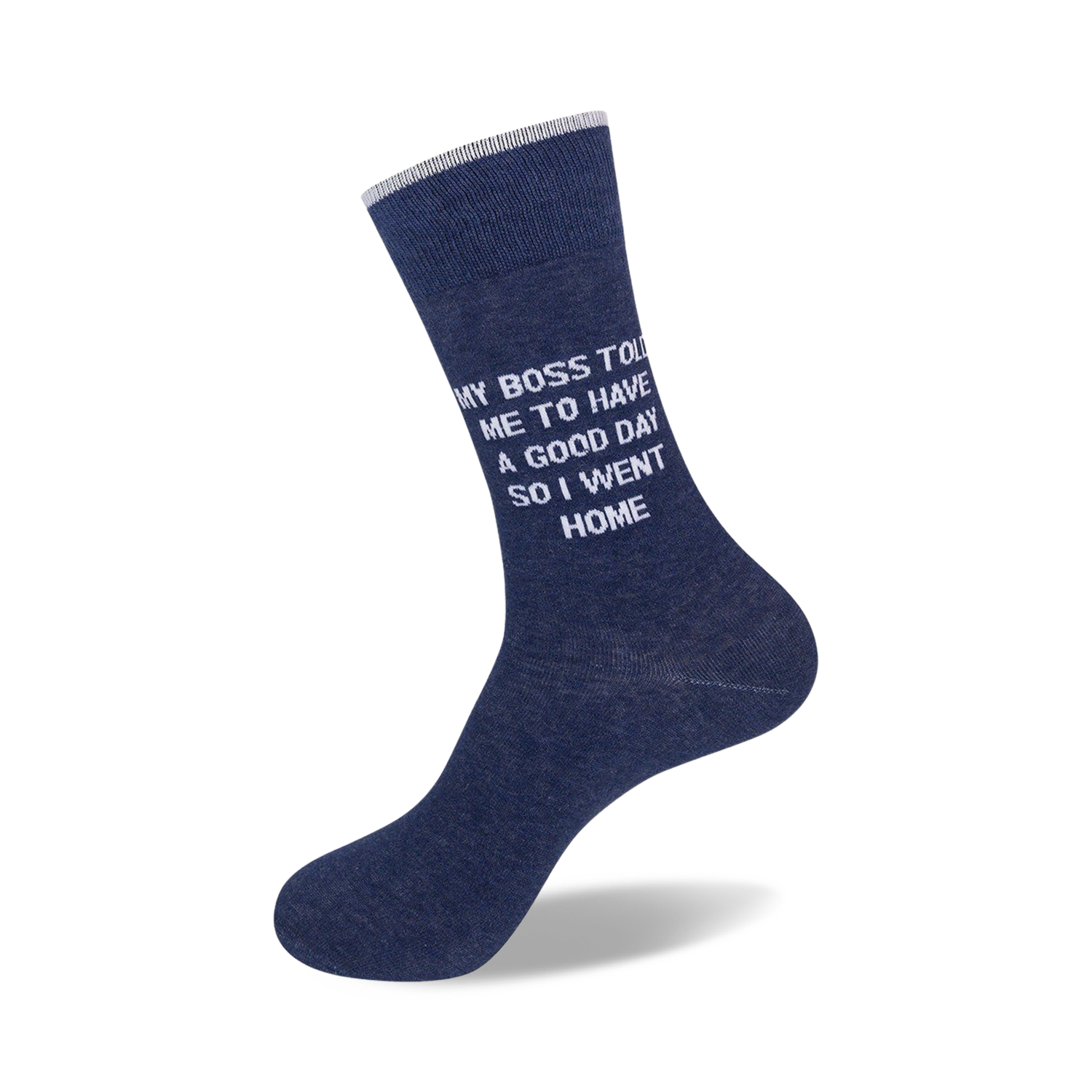 Close-up view of a single navy blue sock with the message printed on it.