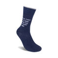 Another angle showcasing a single navy blue sock with the funny message.