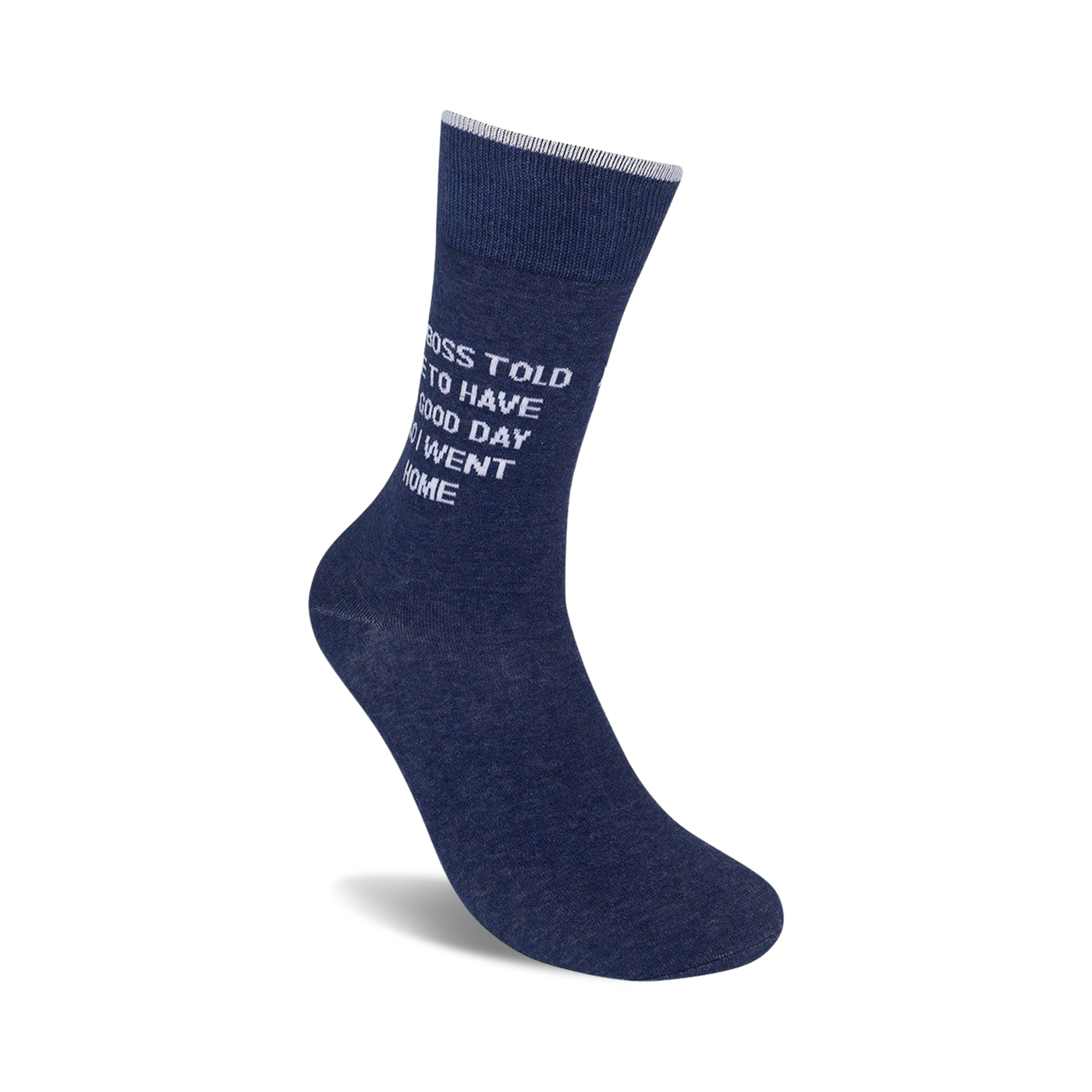 Another angle showcasing a single navy blue sock with the funny message.