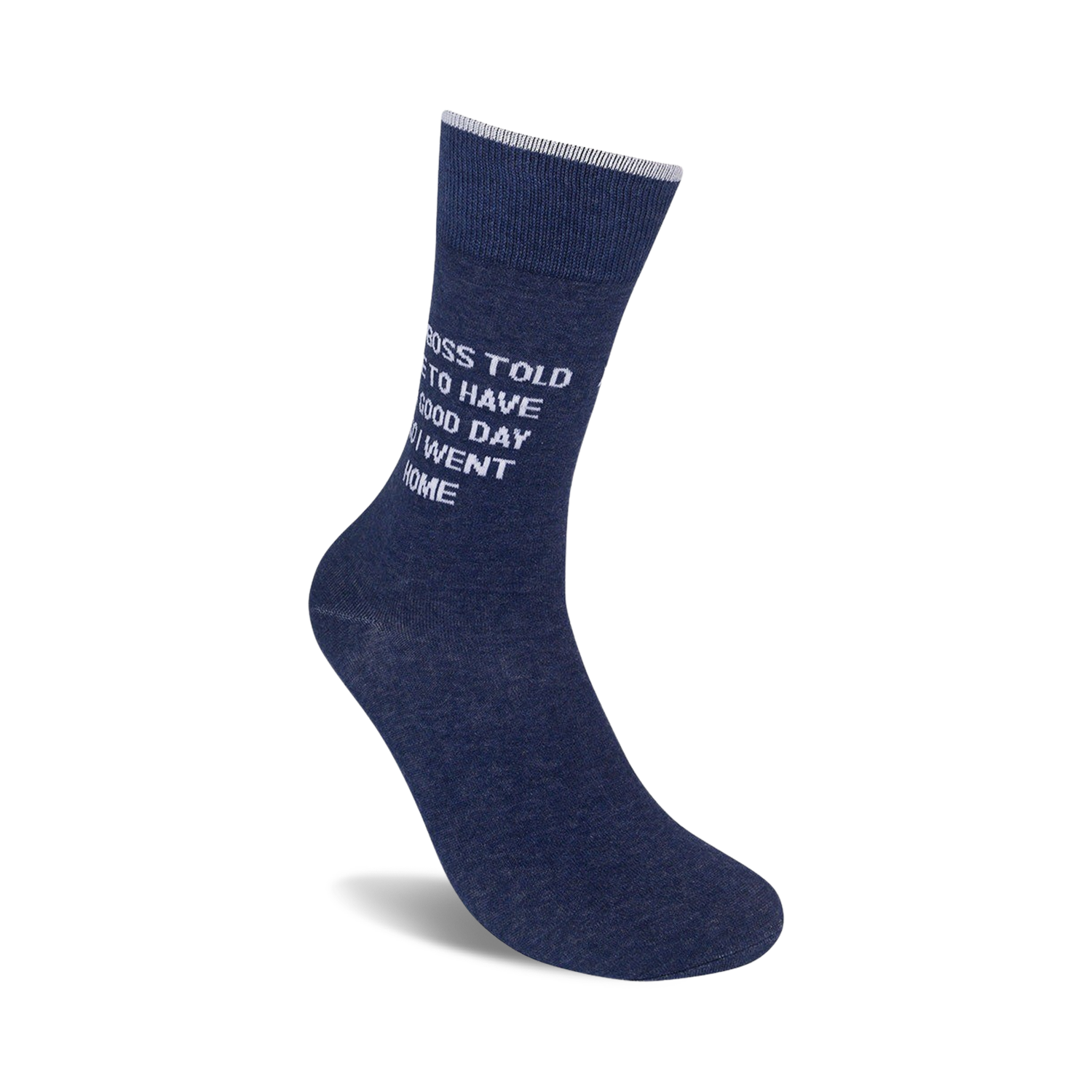Another angle showcasing a single navy blue sock with the funny message.