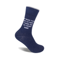 A pair of navy blue crew socks with the text 'My Boss Told Me To Have A Good Day So I Went Home' in white.
