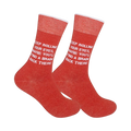Pair of red 'Keep Rolling Your Eyes' crew socks shown on a white background.
