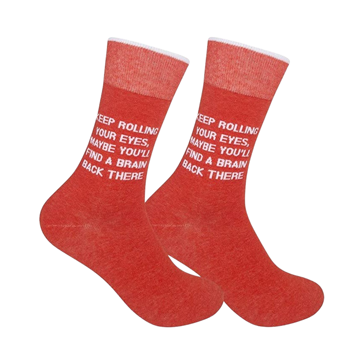 Pair of red 'Keep Rolling Your Eyes' crew socks shown on a white background.