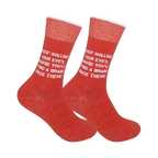 Pair of red 'Keep Rolling Your Eyes' crew socks shown on a white background.