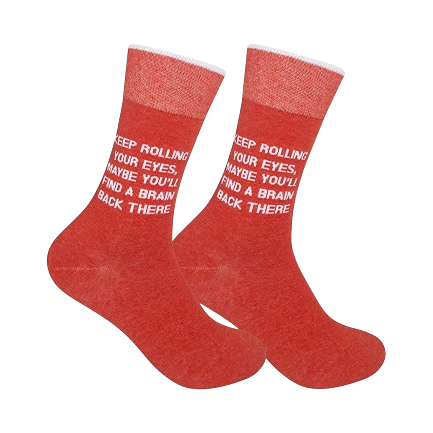 Pair of red 'Keep Rolling Your Eyes' crew socks shown on a white background.