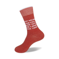 Close-up shot of a single red sock showcasing the text detail.