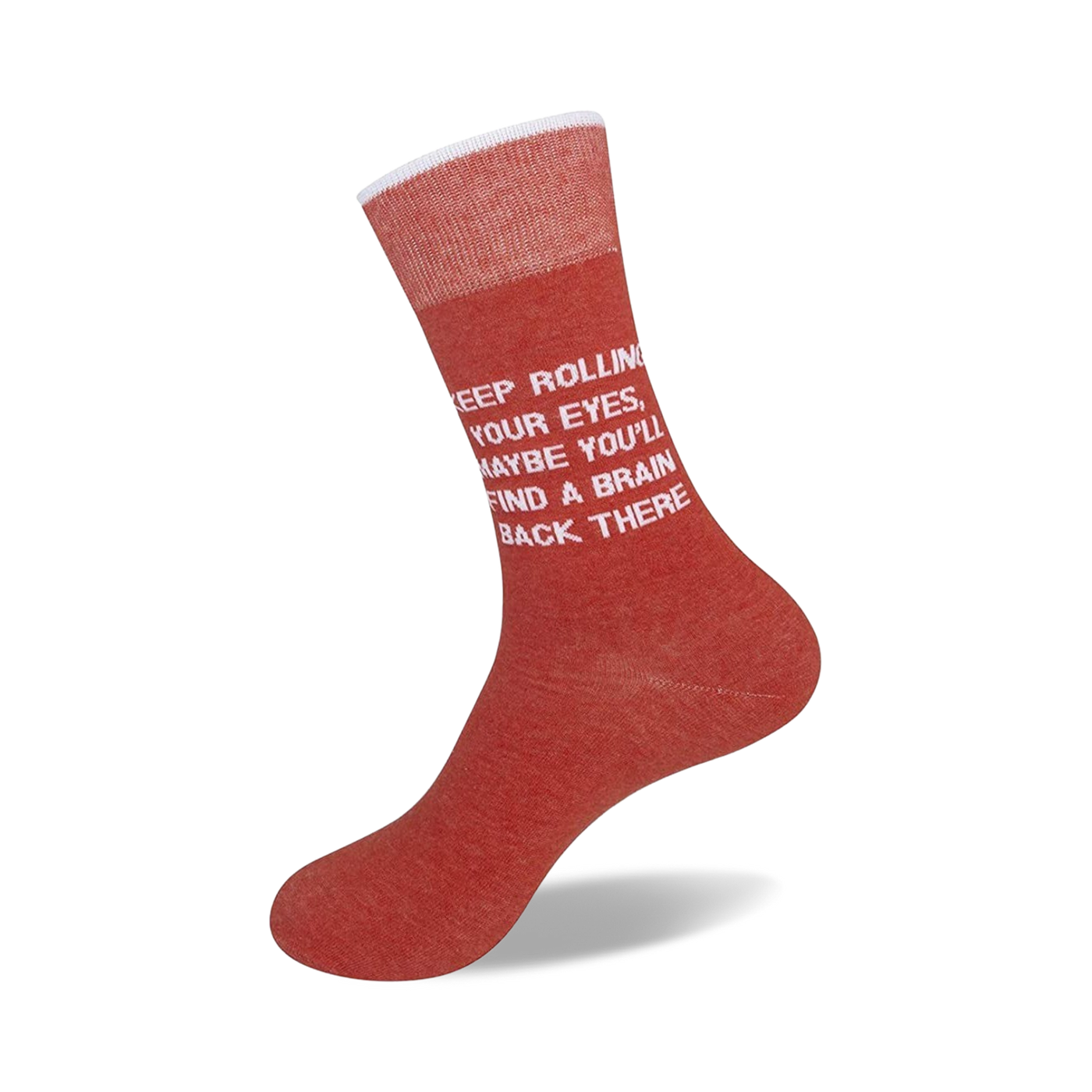 Close-up shot of a single red sock showcasing the text detail.