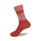 Close-up shot of a single red sock showcasing the text detail.