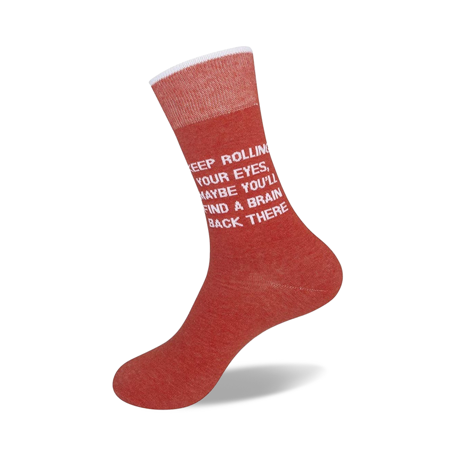 Close-up shot of a single red sock showcasing the text detail.