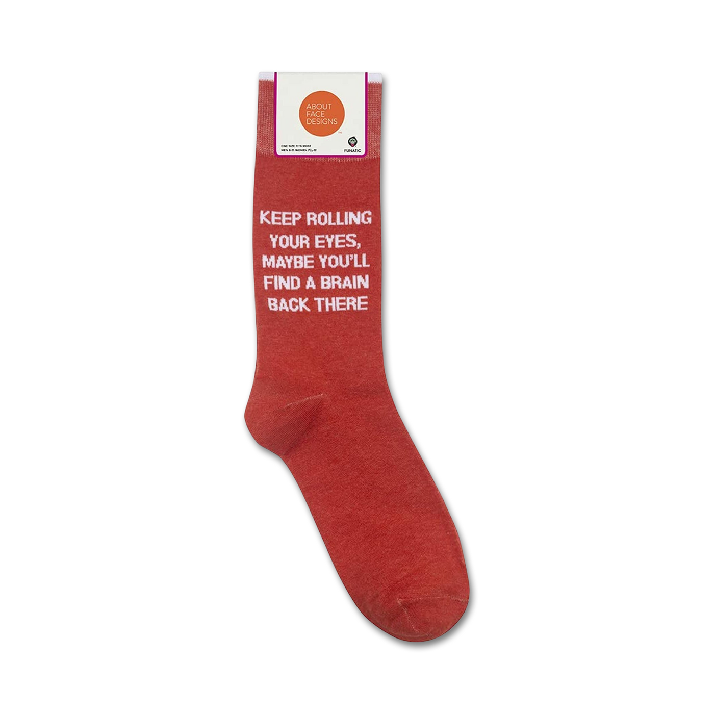 Product shot of the 'Keep Rolling Your Eyes' socks in their packaging.