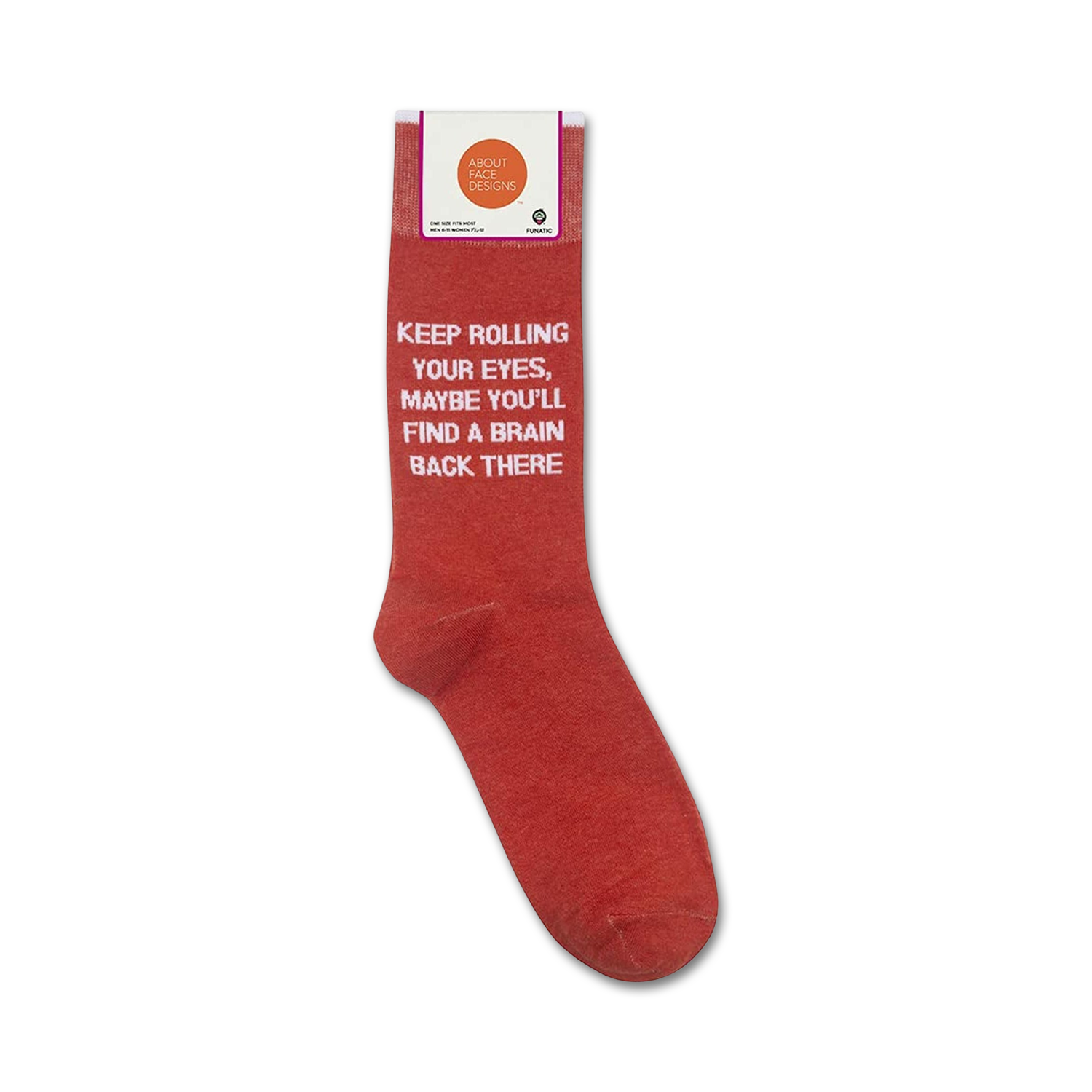 Product shot of the 'Keep Rolling Your Eyes' socks in their packaging.