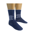 Lifestyle shot of a person wearing a pair of navy blue 'The best thing about my job is that my chair spins' socks.
