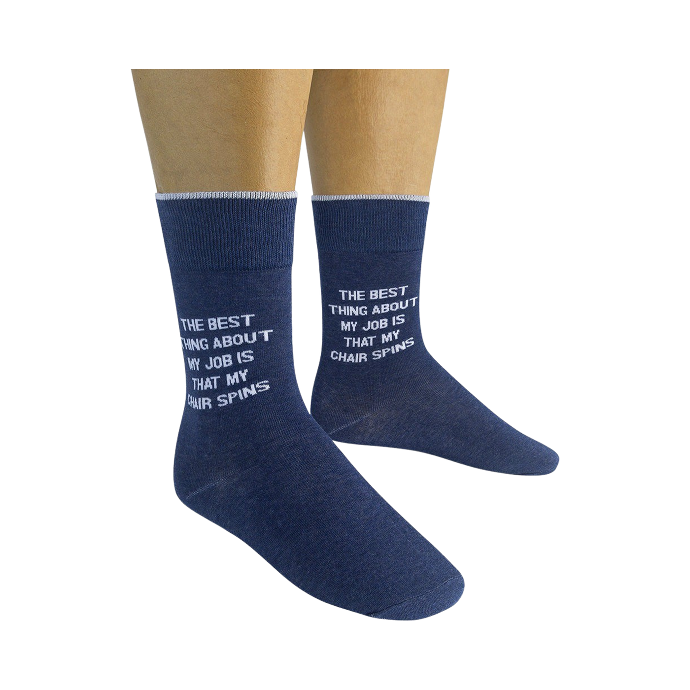 Lifestyle shot of a person wearing a pair of navy blue 'The best thing about my job is that my chair spins' socks.
