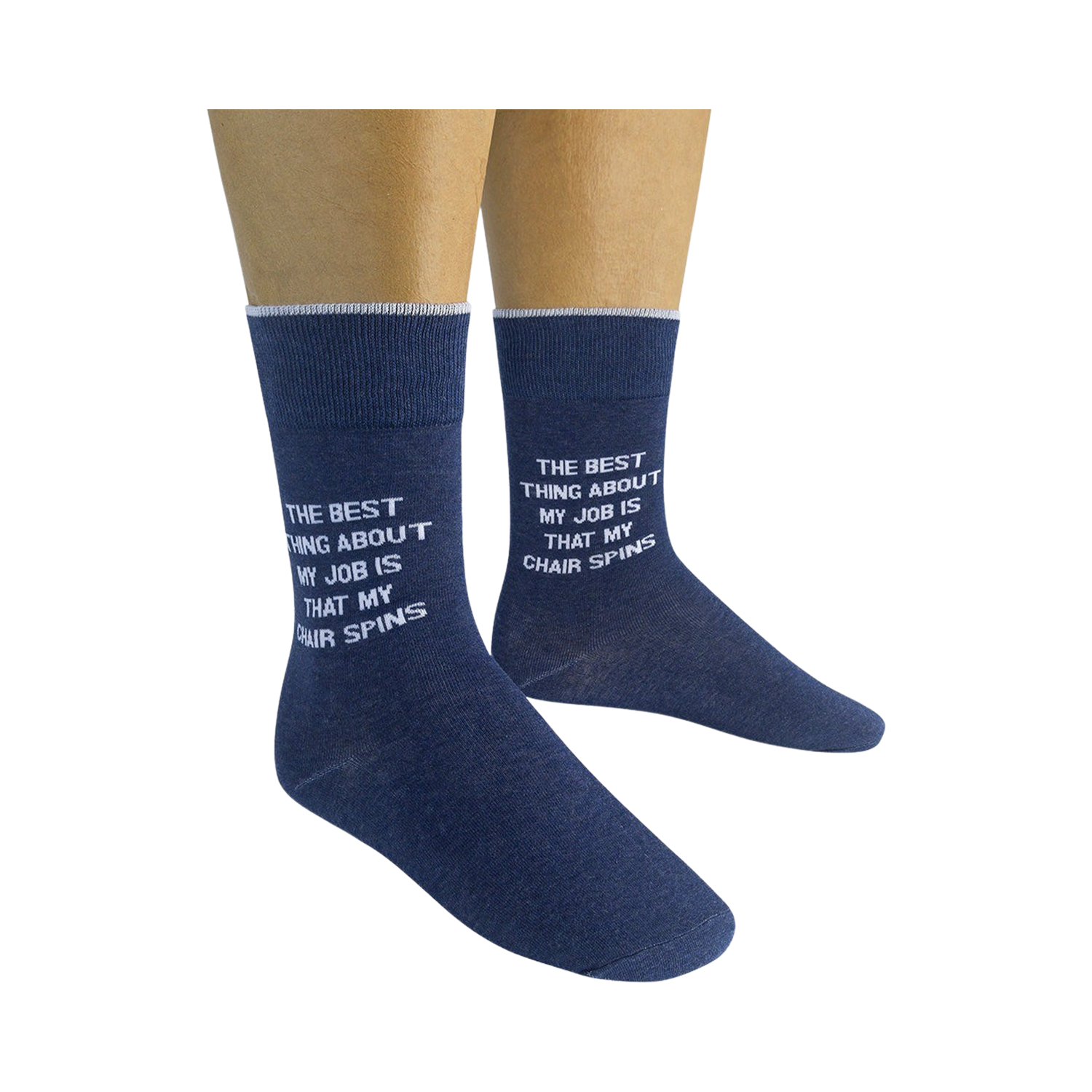 Lifestyle shot of a person wearing a pair of navy blue 'The best thing about my job is that my chair spins' socks.