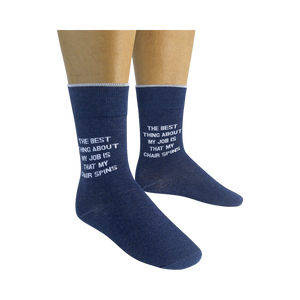 A pair of navy blue socks with white lettering. The lettering reads: 