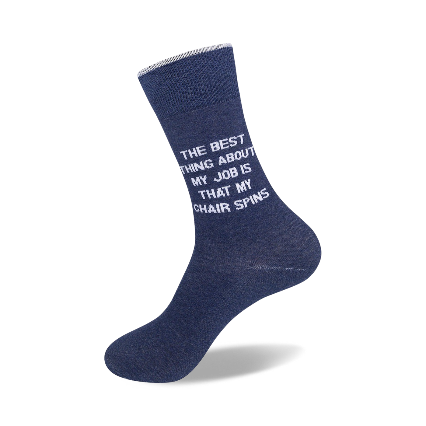Flatlay image of two navy blue socks with the quote 'The best thing about my job is that my chair spins.'