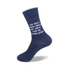 Flatlay image of two navy blue socks with the quote 'The best thing about my job is that my chair spins.'