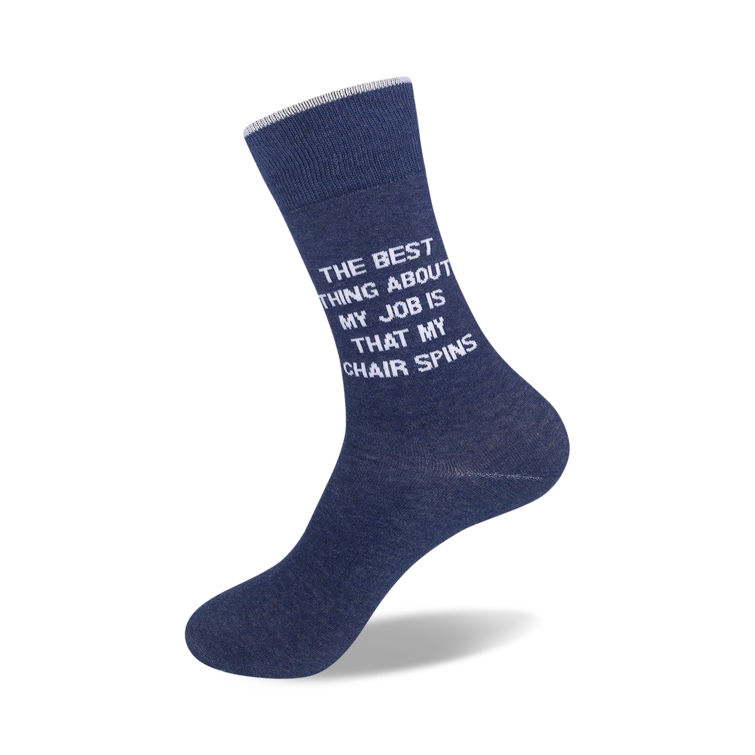 Flatlay image of two navy blue socks with the quote 'The best thing about my job is that my chair spins.'
