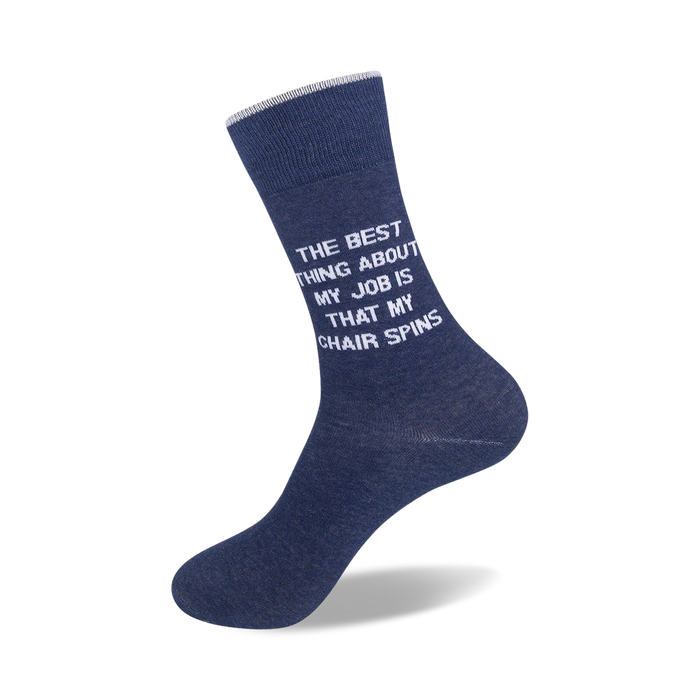 A pair of navy blue socks with white lettering. The lettering reads: 