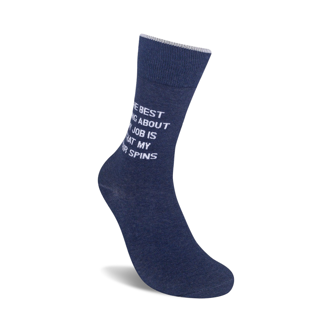 Close-up detail of the text on the navy blue 'The best thing about my job is that my chair spins' sock.
