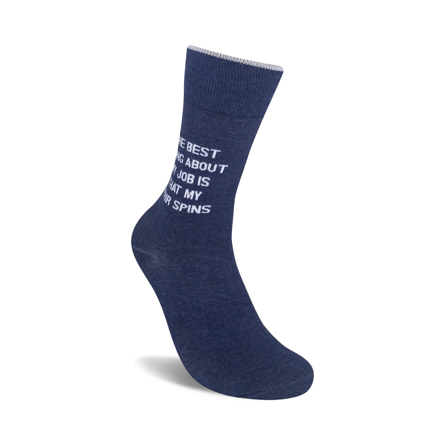Close-up detail of the text on the navy blue 'The best thing about my job is that my chair spins' sock.