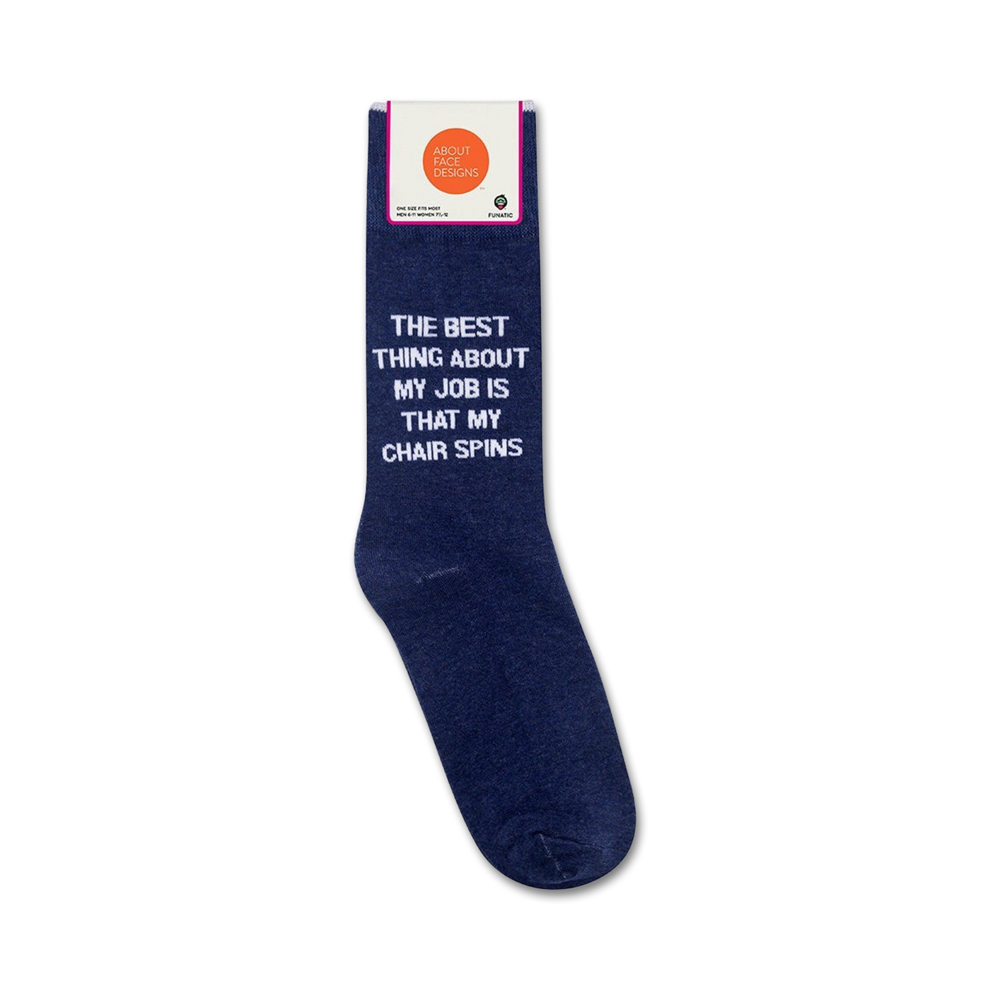 Packaging shot of a pair of 'The best thing about my job is that my chair spins' socks, shown on the card.