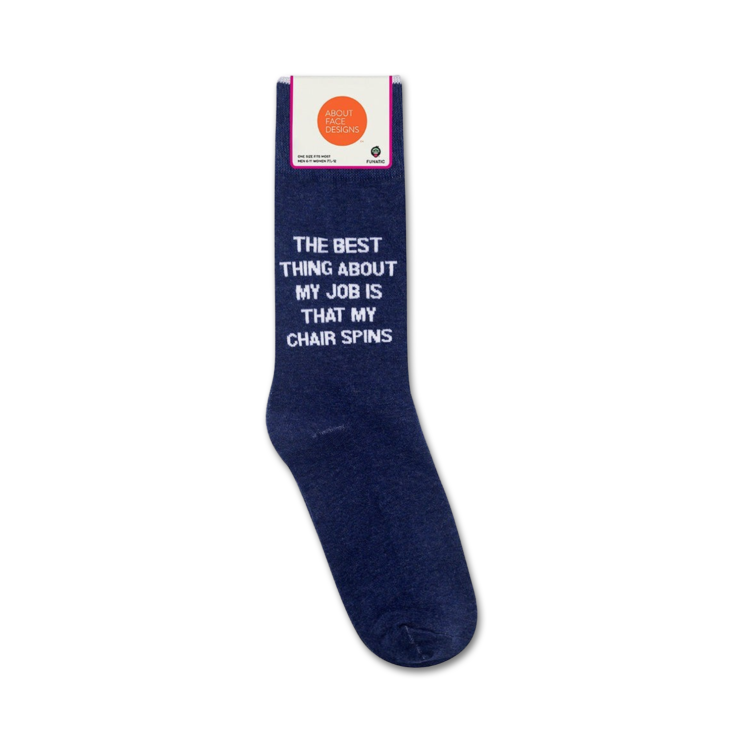 Packaging shot of a pair of 'The best thing about my job is that my chair spins' socks, shown on the card.