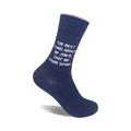 A pair of navy blue crew socks with the text 'The best thing about my job is that my chair spins' in white.