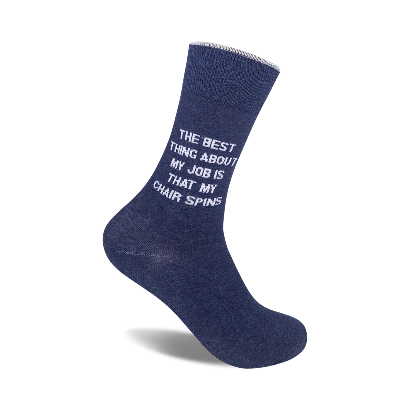 A pair of navy blue crew socks with the text 'The best thing about my job is that my chair spins' in white.