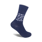 A pair of navy blue crew socks with the text 'The best thing about my job is that my chair spins' in white.
