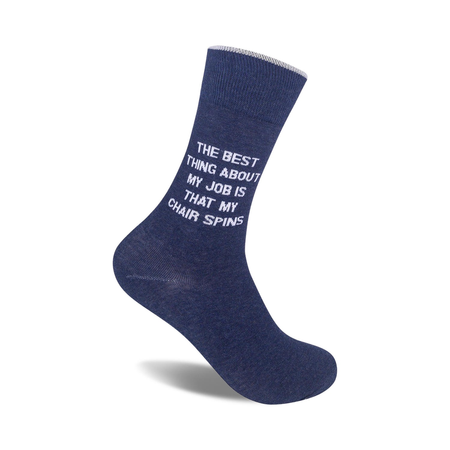 A pair of navy blue crew socks with the text 'The best thing about my job is that my chair spins' in white.