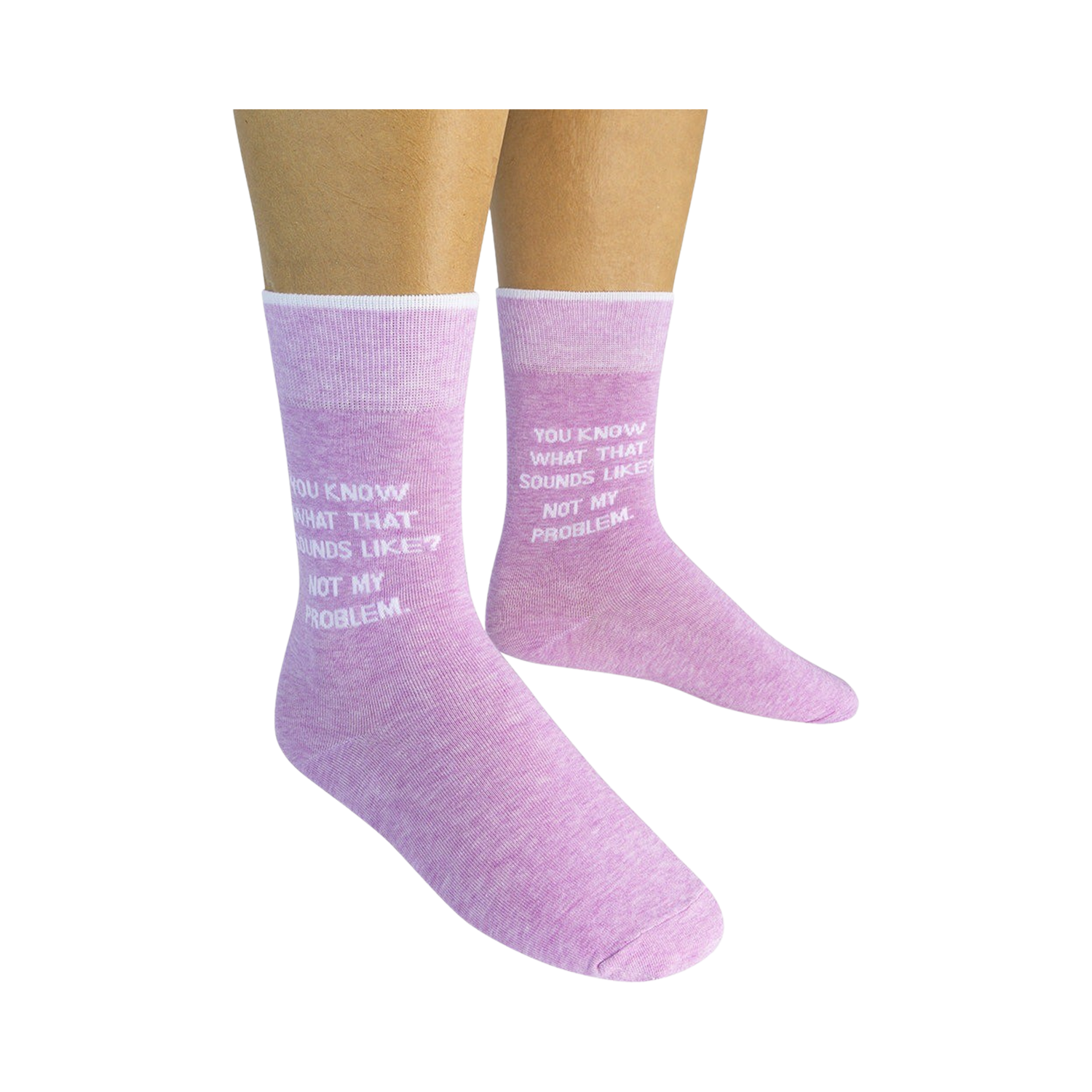 Lifestyle shot showing a person wearing a pair of lavender 'Not My Problem' crew socks.