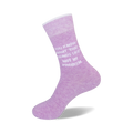 Flat lay product shot of a pair of lavender 'Not My Problem' crew socks.